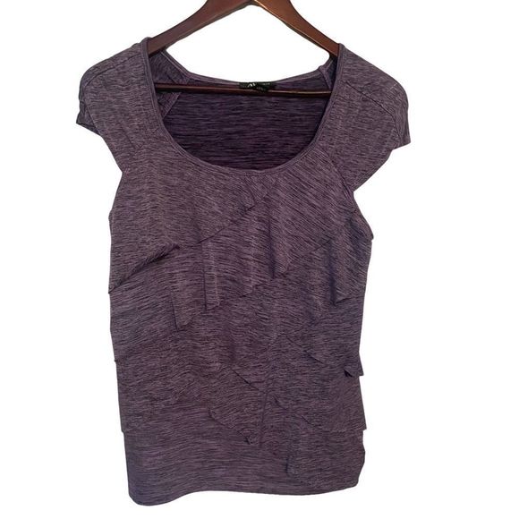 AB STUDIO Heather Purple Lilac Tiered Layered Ruffle Top Shirt Blouse Stretch L - Picture 1 of 12